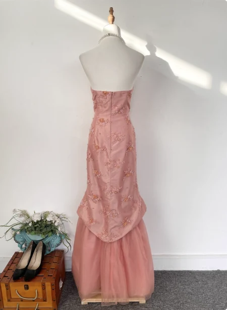 Gorgeous Princess Pink Mermaid Sweetheart Neck Embroidered Floral Satin Tulle Long Prom Dress Evening Dress P4535 - Image 2