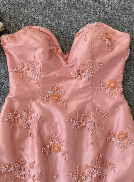 Gorgeous Princess Pink Mermaid Sweetheart Neck Embroidered Floral Satin Tulle Long Prom Dress Evening Dress P4535 - Image 3
