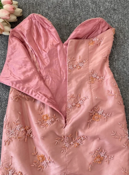 Gorgeous Princess Pink Mermaid Sweetheart Neck Embroidered Floral Satin Tulle Long Prom Dress Evening Dress P4535 - Image 4