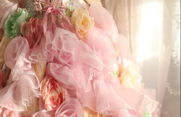 Gorgeous Princess Pink Rose Handmade Flower Fluffy A-line Wedding Dress P2848 - Image 5