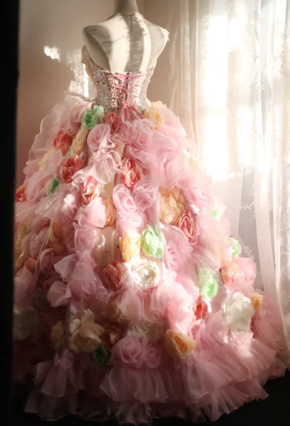 Gorgeous Princess Pink Rose Handmade Flower Fluffy A-line Wedding Dress P2848 - Image 6