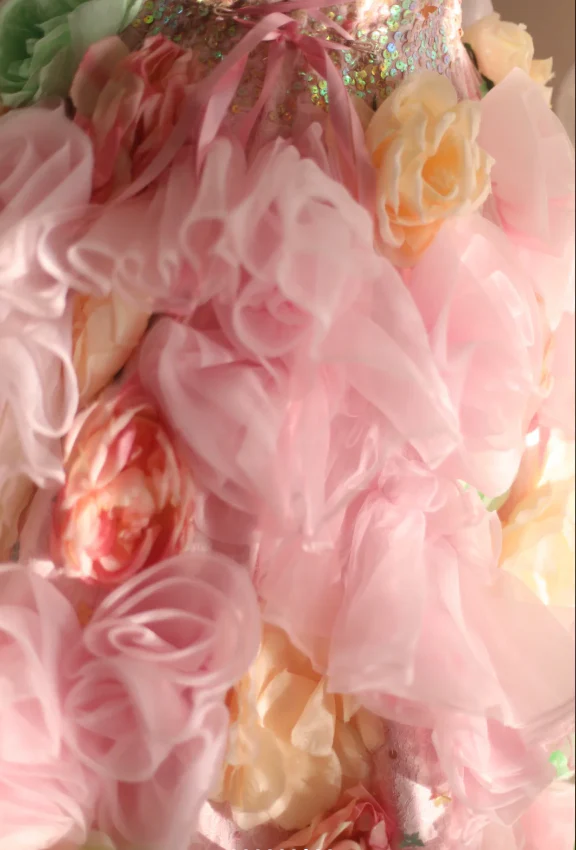 Gorgeous Princess Pink Rose Handmade Flower Fluffy A-line Wedding Dress P2848 - Image 7