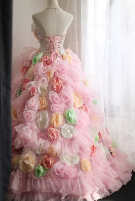 Gorgeous Princess Pink Rose Handmade Flower Fluffy A-line Wedding Dress P2848 - Image 8