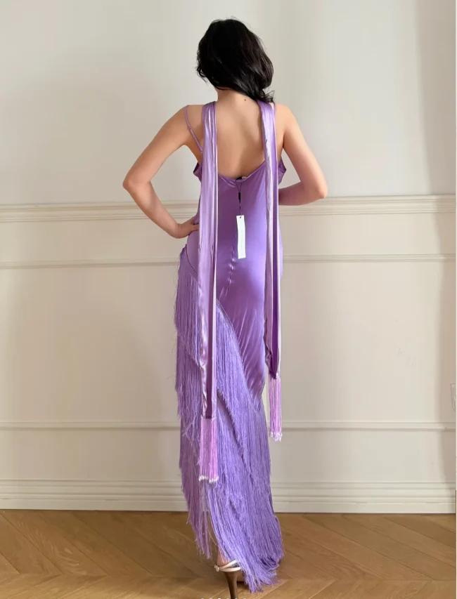 Gorgeous Purple Spaghetti Strap Multi-Layer Tassel Satin Long Prom Dress Evening Dress P4871 - Image 3