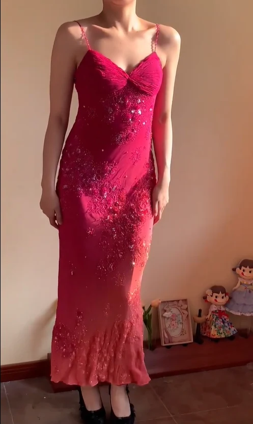 Gorgeous Rose Pink Halter V-neck Beaded Chiffon Long Prom Dress Evening Dress P4227 - Image 3