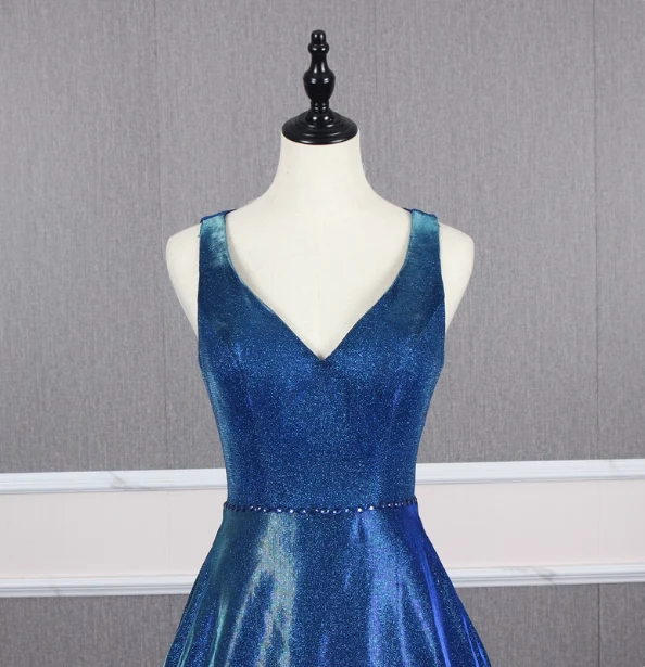 Gorgeous Royal Blue A-line V-neck Backless Satin Train Prom Dress Evening Dress P4557 - Image 3
