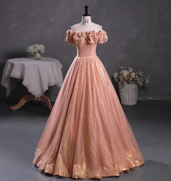 Gorgeous Shimmering Pink-Gold Ruched Sequin Sheer Tulle Long Ball Gown Evening Dress Sweet 16 Dress P4427 - Image 2