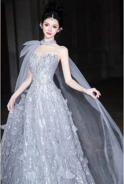 Gorgeous Silver Gray A-line Strapless Sequined Train Prom Dress Evening Dress P4463 - Image 2