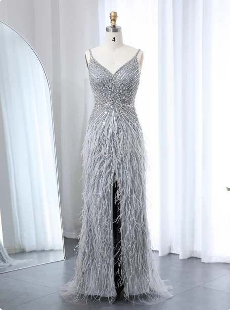 Gorgeous Silver-Grey Spaghetti Strap V-neck Feather Sequin Slit Long Prom Dress Evening Dress P4622 - Image 2