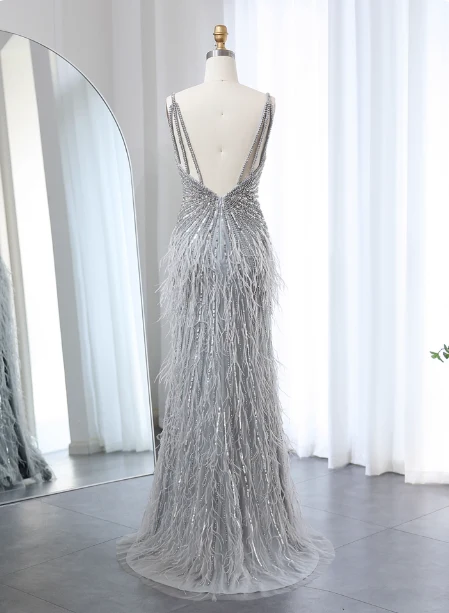 Gorgeous Silver-Grey Spaghetti Strap V-neck Feather Sequin Slit Long Prom Dress Evening Dress P4622 - Image 3