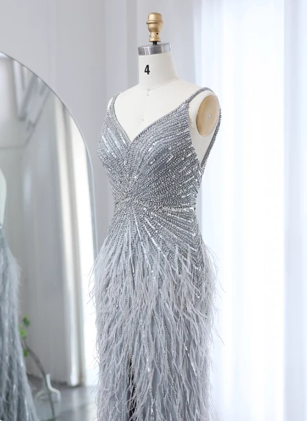 Gorgeous Silver-Grey Spaghetti Strap V-neck Feather Sequin Slit Long Prom Dress Evening Dress P4622 - Image 4