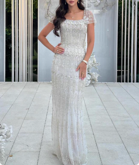 Gorgeous White Mermaid Square Neck Beaded Tulle Long Prom Dress Evening Dress P4639