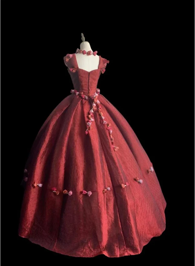 Gorgeous burgundy retro shoulder-wrapped sweetheart neckline puffy princess wedding dress P2859 - Image 6