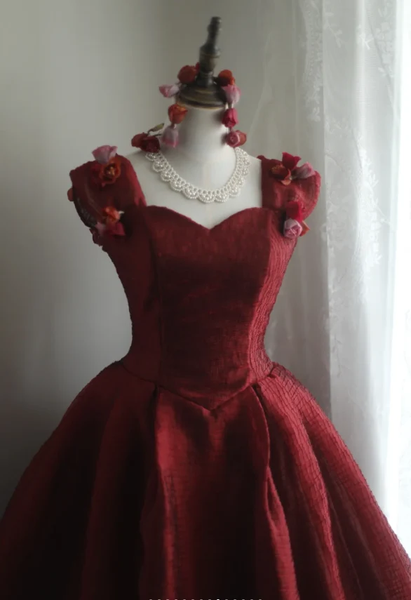 Gorgeous burgundy retro shoulder-wrapped sweetheart neckline puffy princess wedding dress P2859 - Image 7