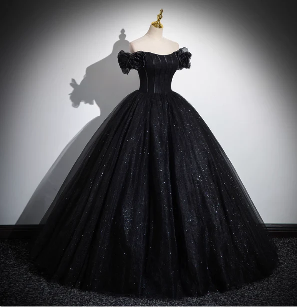 Gothic Court Black Off-the-Shoulder Shimmer Tulle Ball Gown Evening Dress Sweet 16 Dress P4395 - Image 3