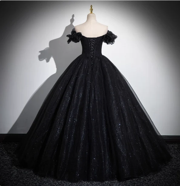 Gothic Court Black Off-the-Shoulder Shimmer Tulle Ball Gown Evening Dress Sweet 16 Dress P4395 - Image 4