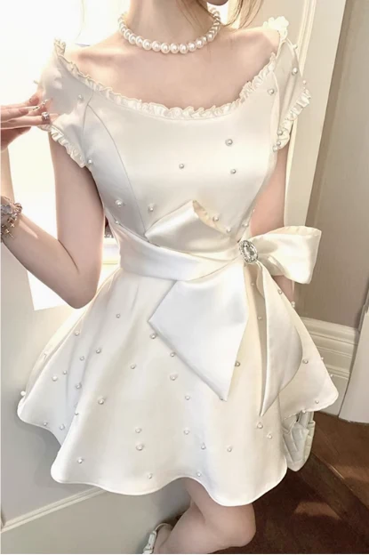 Heavy Pearl Satin Bow A-line Birthday Dress Homecoming Dress P3681 - Image 4