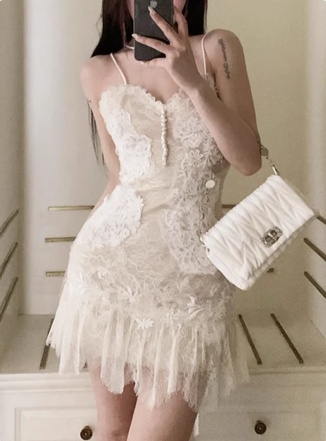 Heavy V-neck White Lace Suspender Birthday Dress Homecoming Dress P3643 - Image 2