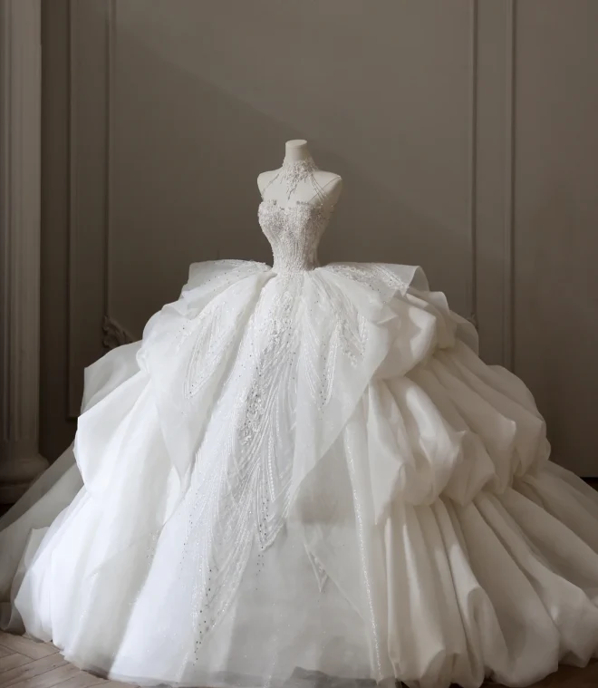 High Waist Strapless Lace Puffy Layered A-Line Floor-Length Wedding Dress P2599 - Image 2