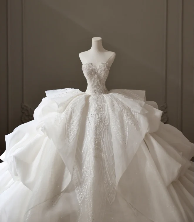 High Waist Strapless Lace Puffy Layered A-Line Floor-Length Wedding Dress P2599 - Image 3