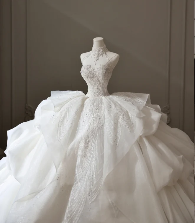 High Waist Strapless Lace Puffy Layered A-Line Floor-Length Wedding Dress P2599 - Image 4
