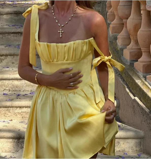 Holiday Style Bow Strap Yellow Mini Homecoming Dress P3196 - Image 3