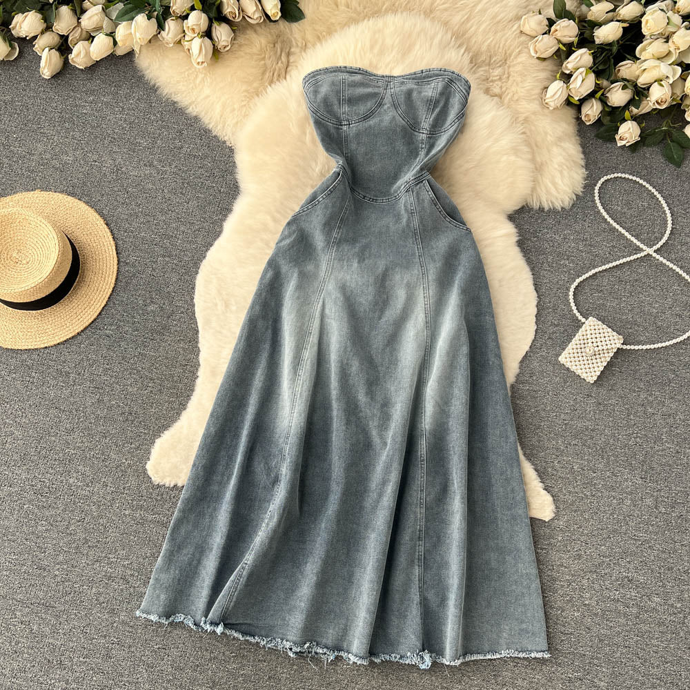 Hot Girl Retro denim skirt women's A-line long Dress P125 - Image 2