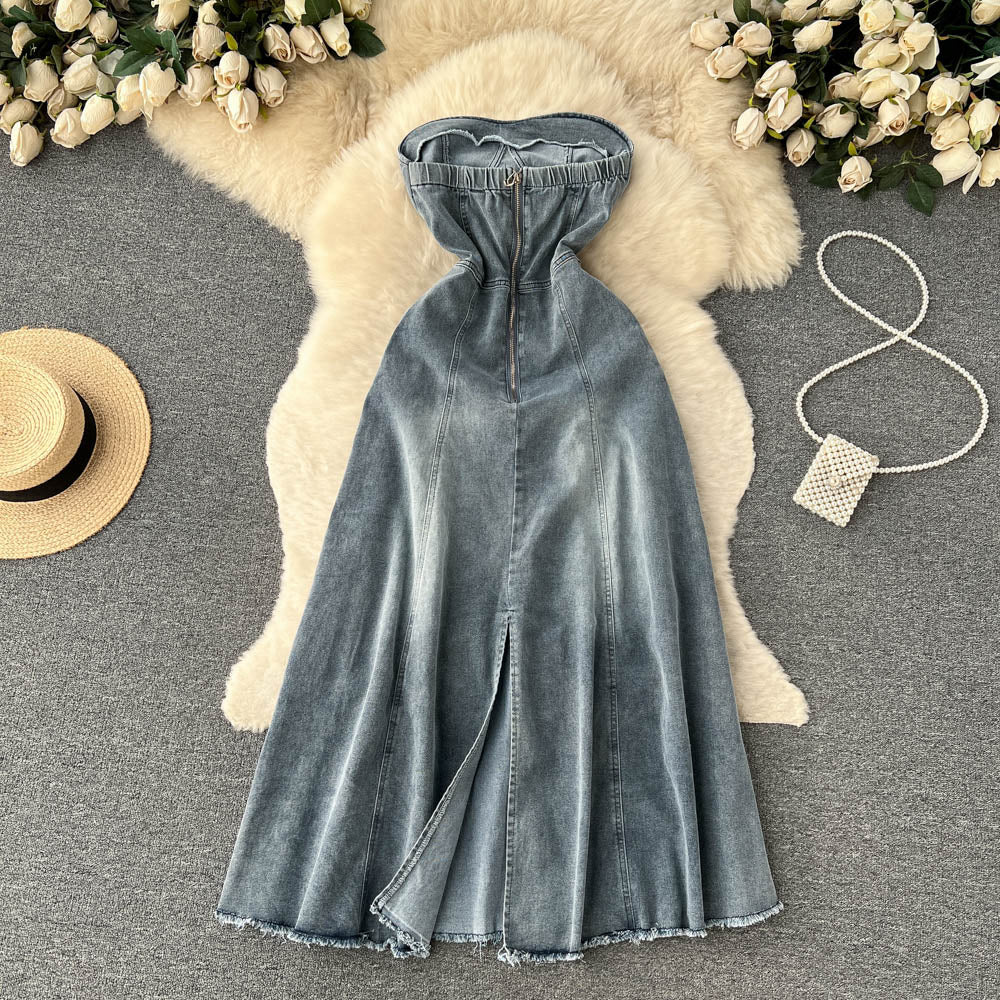 Hot Girl Retro denim skirt women's A-line long Dress P125 - Image 3