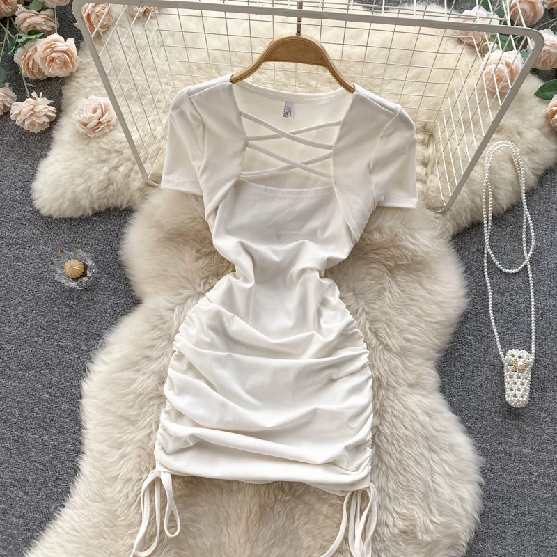 Hot Girl Slim Square Neck Dress Short Sleeve Sexy Drawstring Tight Short Dress P124 - Image 2