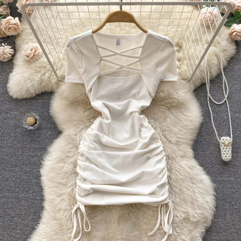Hot Girl Slim Square Neck Dress Short Sleeve Sexy Drawstring Tight Short Dress P124 - Image 3