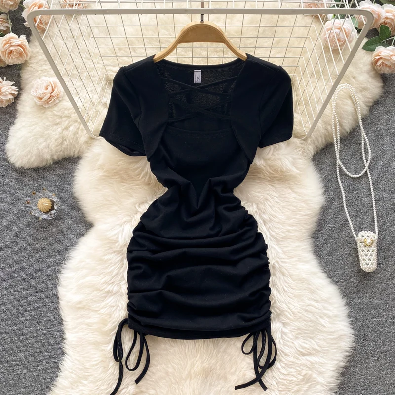Hot Girl Slim Square Neck Dress Short Sleeve Sexy Drawstring Tight Short Dress P124 - Image 6