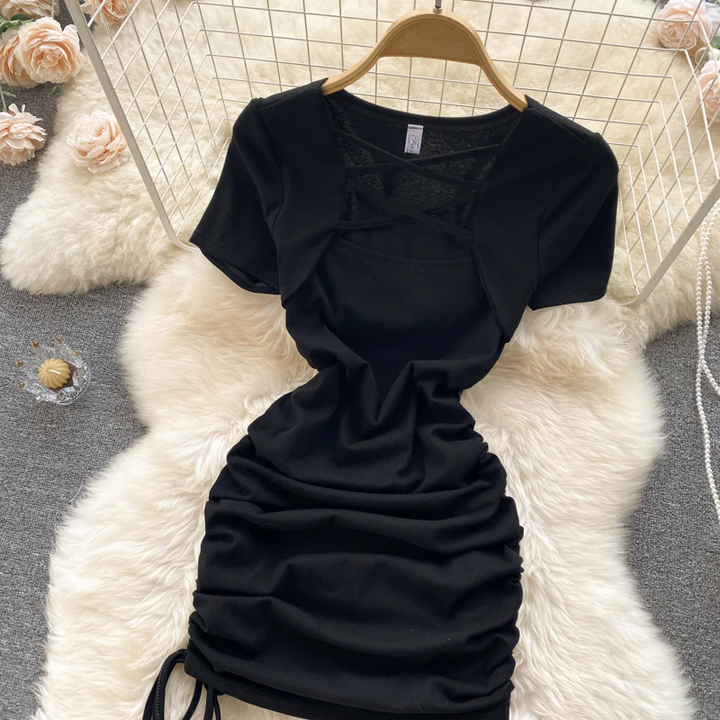 Hot Girl Slim Square Neck Dress Short Sleeve Sexy Drawstring Tight Short Dress P124 - Image 7