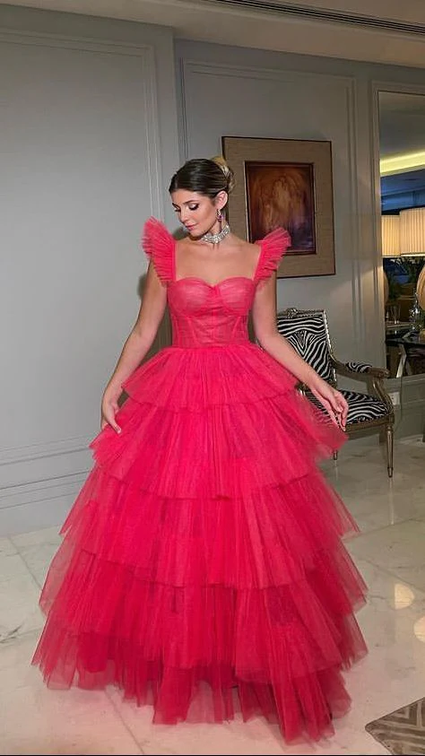 Hot Pink Tulle A-line Straps Long Evening Prom Dresses P1913 - Image 6