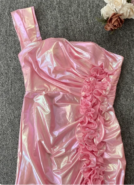 Iridescent Pink Mermaid One-shoulder 3D Floral Slit Satin Long Prom Dress Evening Dress P4531 - Image 3