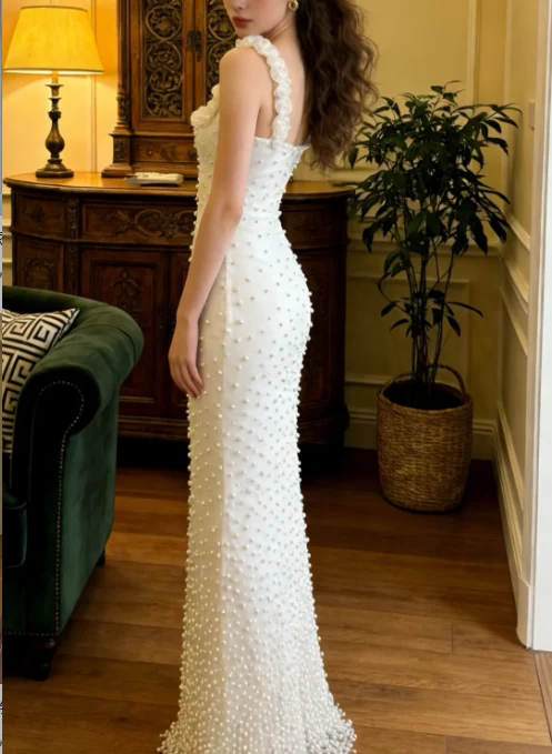 legant Ivory Mermaid Spaghetti Strap Square Neck 3D Rose Pearl Satin Long Prom Dress Evening Dress P4912 - Image 2