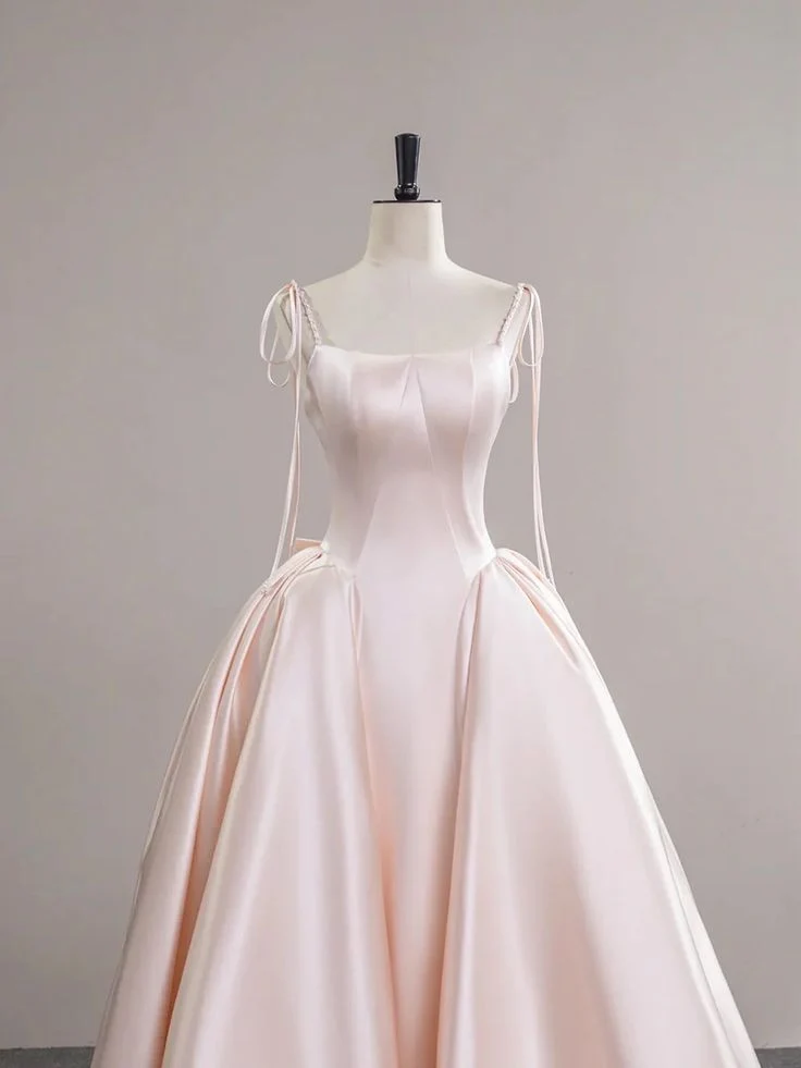 Light Pink Satin Spaghetti Strap Long Prom Dress, Beautiful Evening Dress with Bow P2415 - Image 2