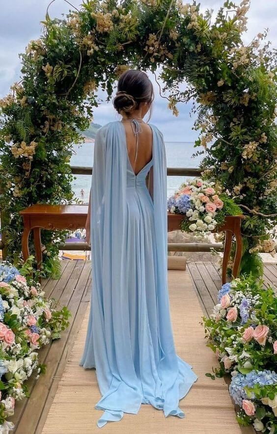 Light Sky Blue Chiffon A Line Prom Dresses With Streamer P1780 - Image 2