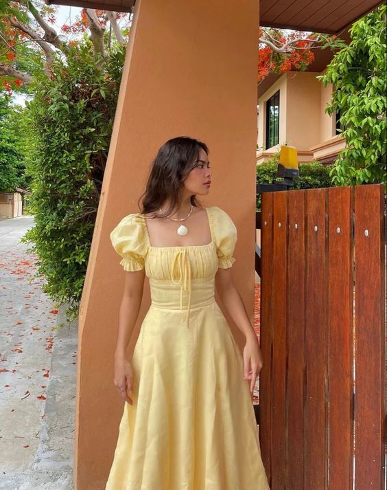 Light Yellow A-line Prom Dress with Puff Sleeves P1673 - Image 2