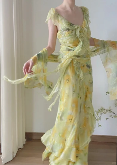 Light Yellow And Green V-neck Ruffled Chiffon Prom Dress P3803 - Image 2