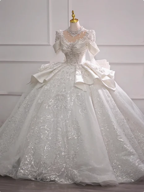 Long Sleeve French Style Sparkling Rhinestone Floor-Length Princess Wedding Dress P2491 - Image 3