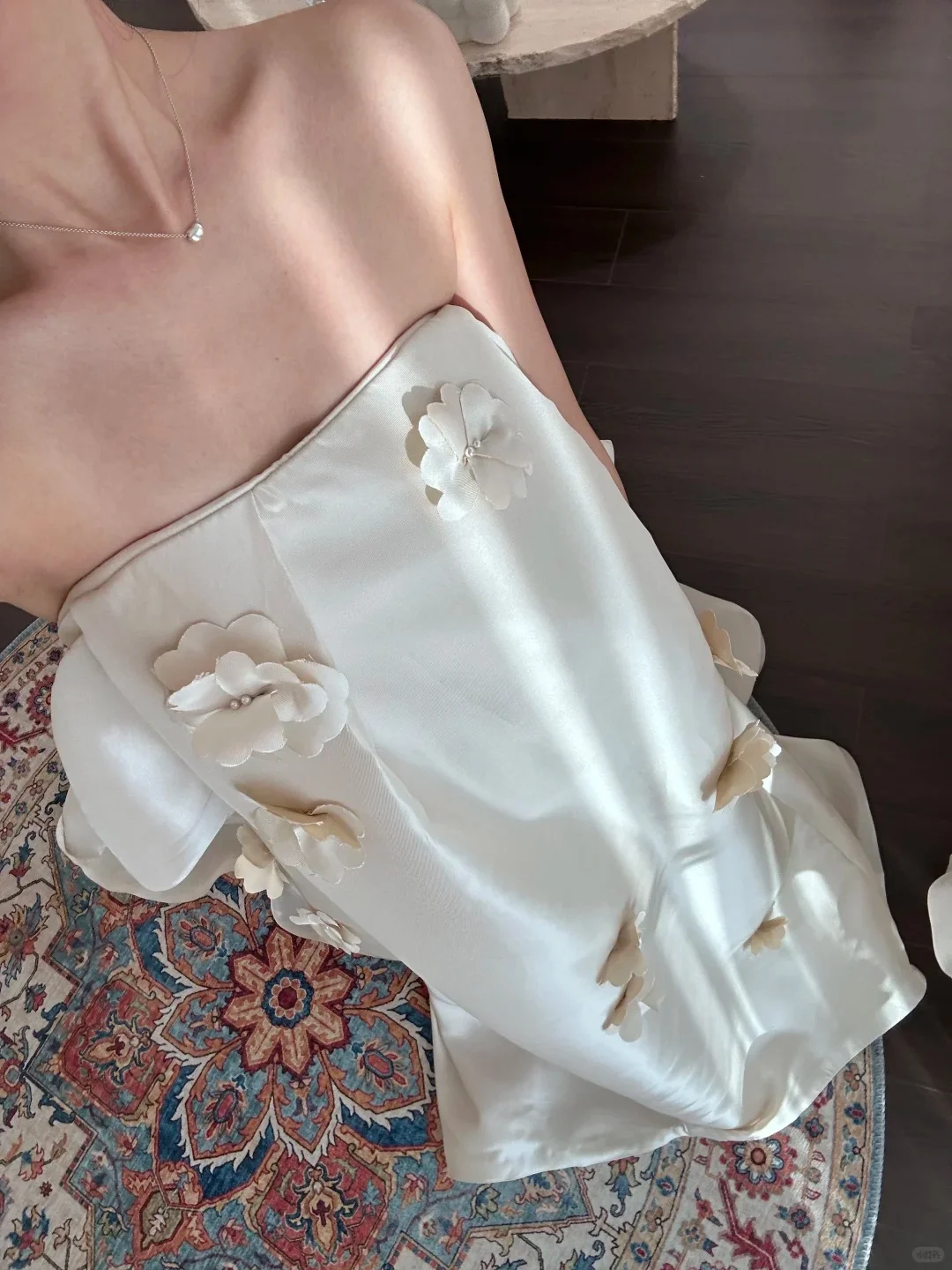 Loose Fitted Strapless 3D Floral Satin Wedding Dress with Train P3087 - Image 3