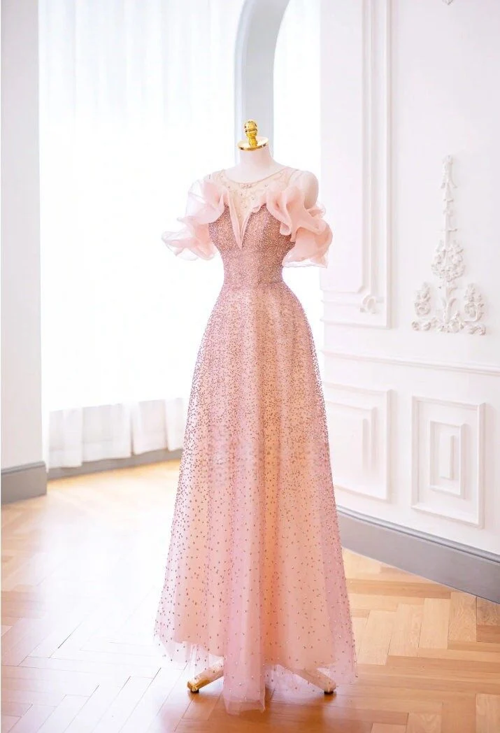 Luxurious A Line Off The Shoulder Pink Tulle Long Prom Dress P1719 - Image 2
