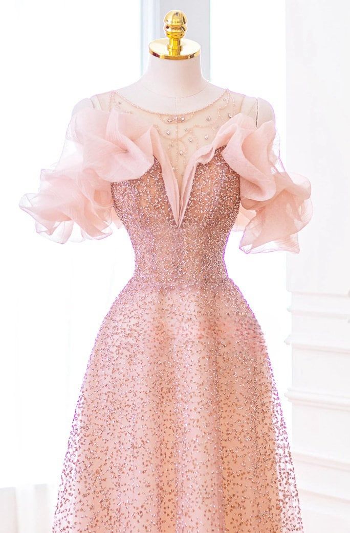Luxurious A Line Off The Shoulder Pink Tulle Long Prom Dress P1719 - Image 3
