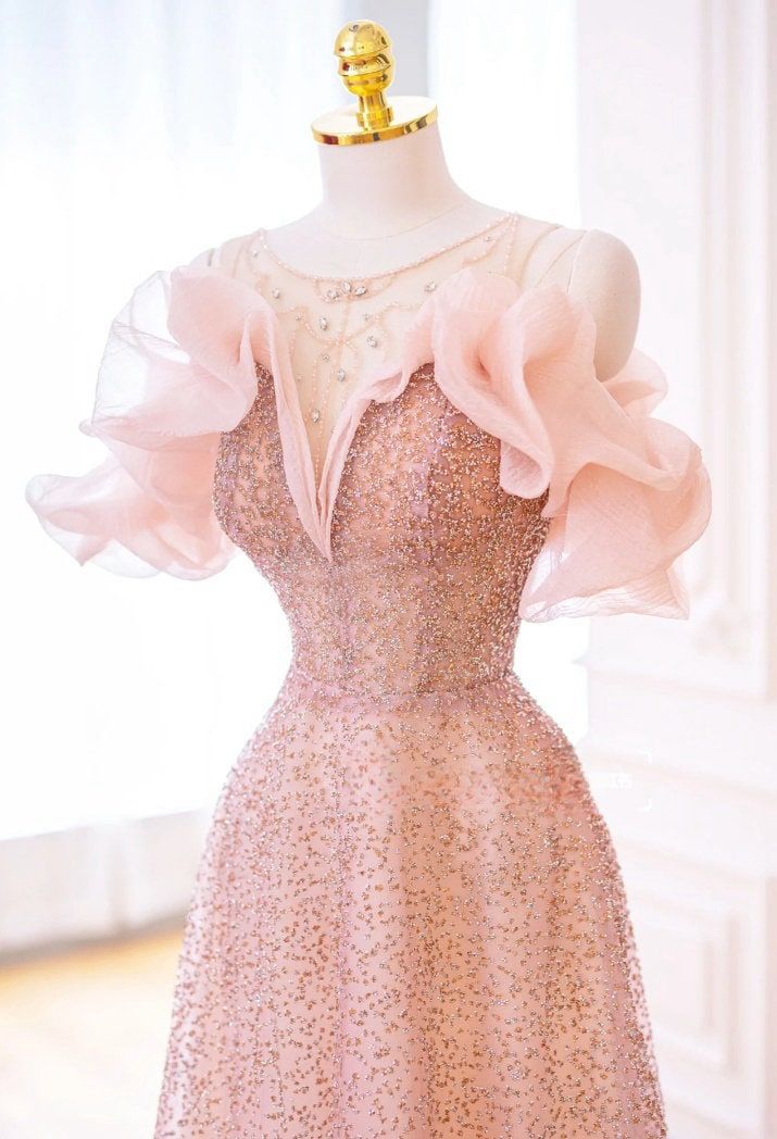 Luxurious A Line Off The Shoulder Pink Tulle Long Prom Dress P1719 - Image 5