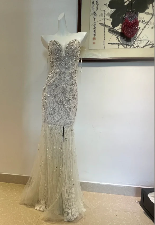 Luxurious And Elegant Sweetheart Neckline Pearl Rhinestone Lace Mermaid Long Prom Dress Evening Dress P4273 - Image 2