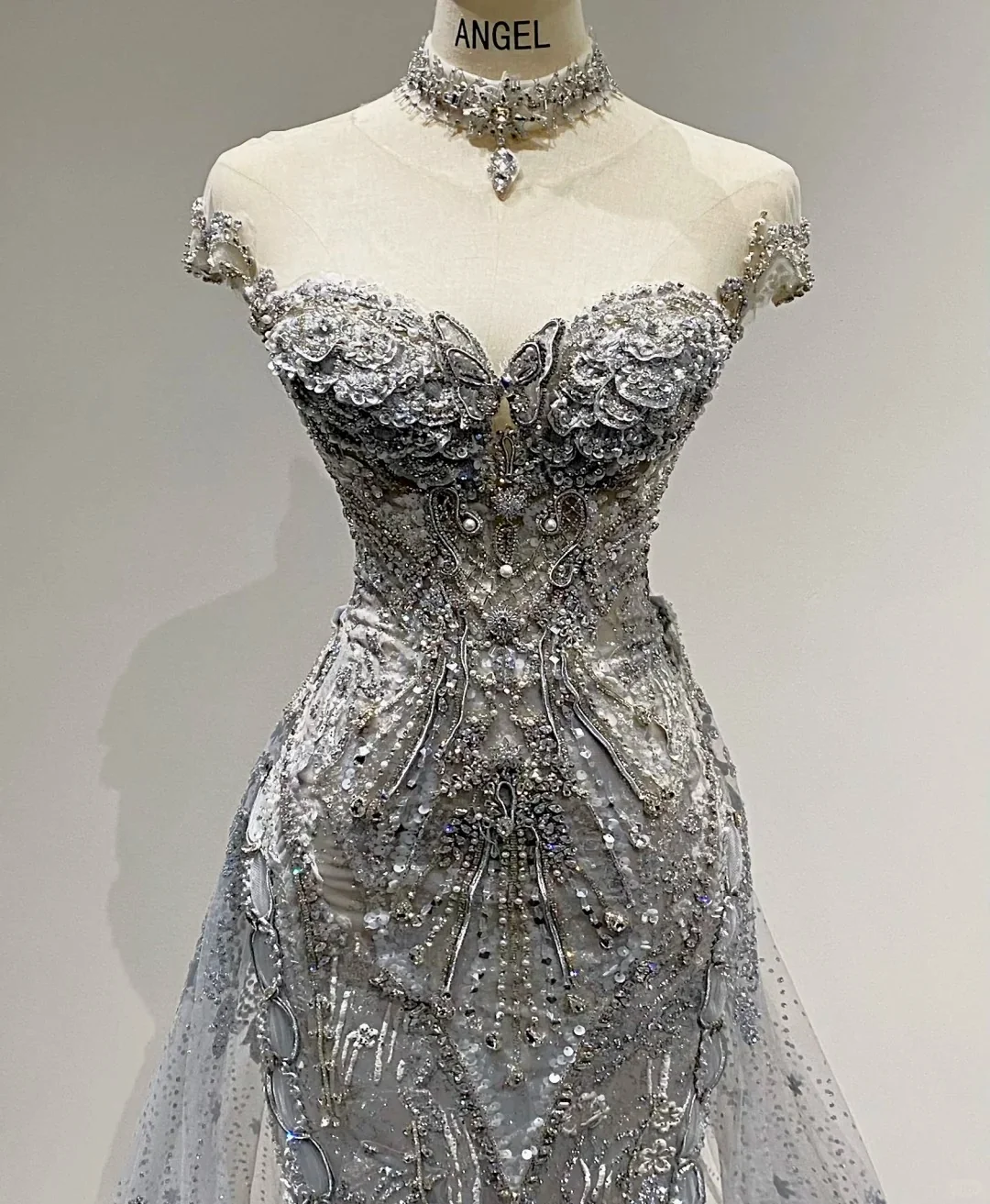 Luxurious And Sparkling Silver Mermaid Off-shoulder Beaded Train Wedding Dress P4091 - Image 3