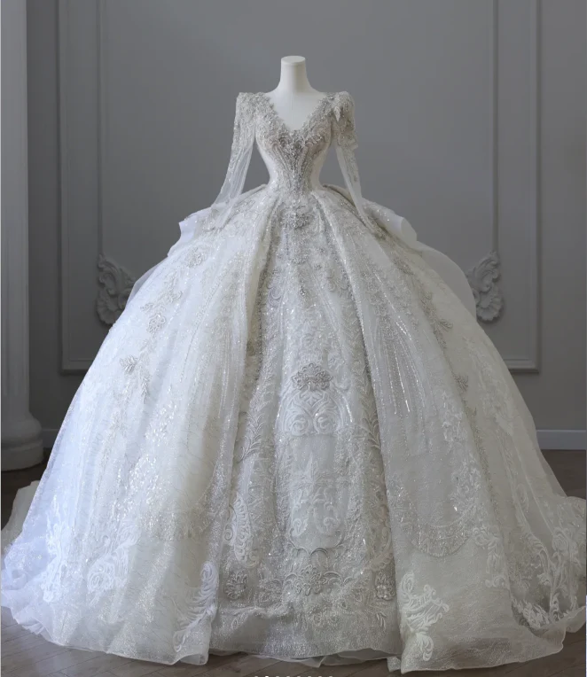 Luxurious beaded long-sleeved sparkling palace retro floor-length wedding dress P2581 - Image 2