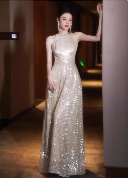 Luxurious Champagne Gold Halter Cold Shoulder Sequined Long Prom Dress Evening Dress P4481 - Image 2