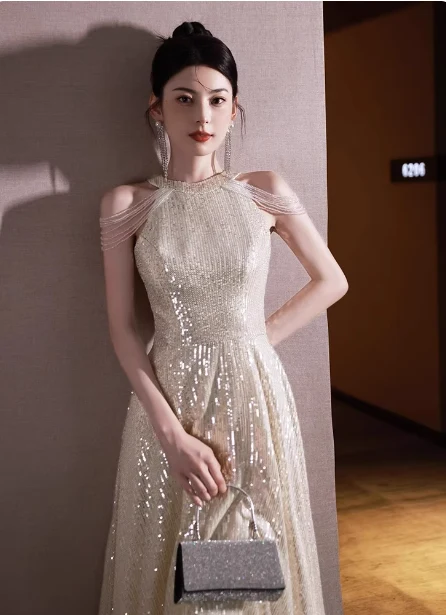 Luxurious Champagne Gold Halter Cold Shoulder Sequined Long Prom Dress Evening Dress P4481 - Image 4