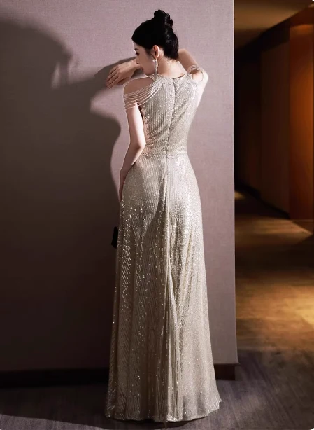 Luxurious Champagne Gold Halter Cold Shoulder Sequined Long Prom Dress Evening Dress P4481 - Image 5